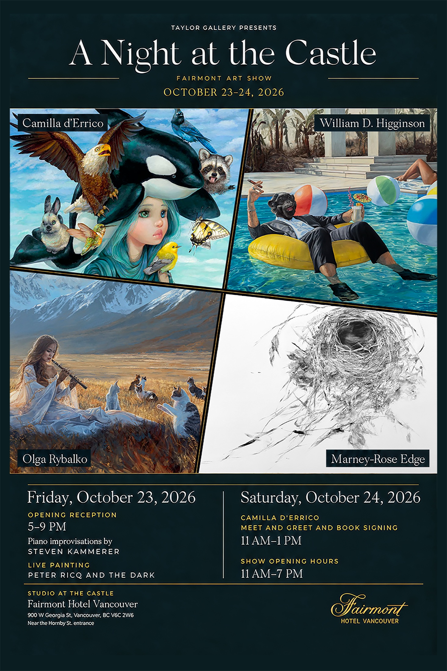 Taylor Gallery presents A Night at the Castle, Fairmont Art Show, October 23–24, 2026. Works by Camilla d’Errico, William D. Higginson, Olga Rybalko and Marney-Rose Edge. Event details are listed below.